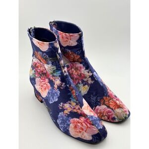 Betsey Johnson Talia Floral Velvet Ankle Boots Navy Blue Pink Block Heel 10M